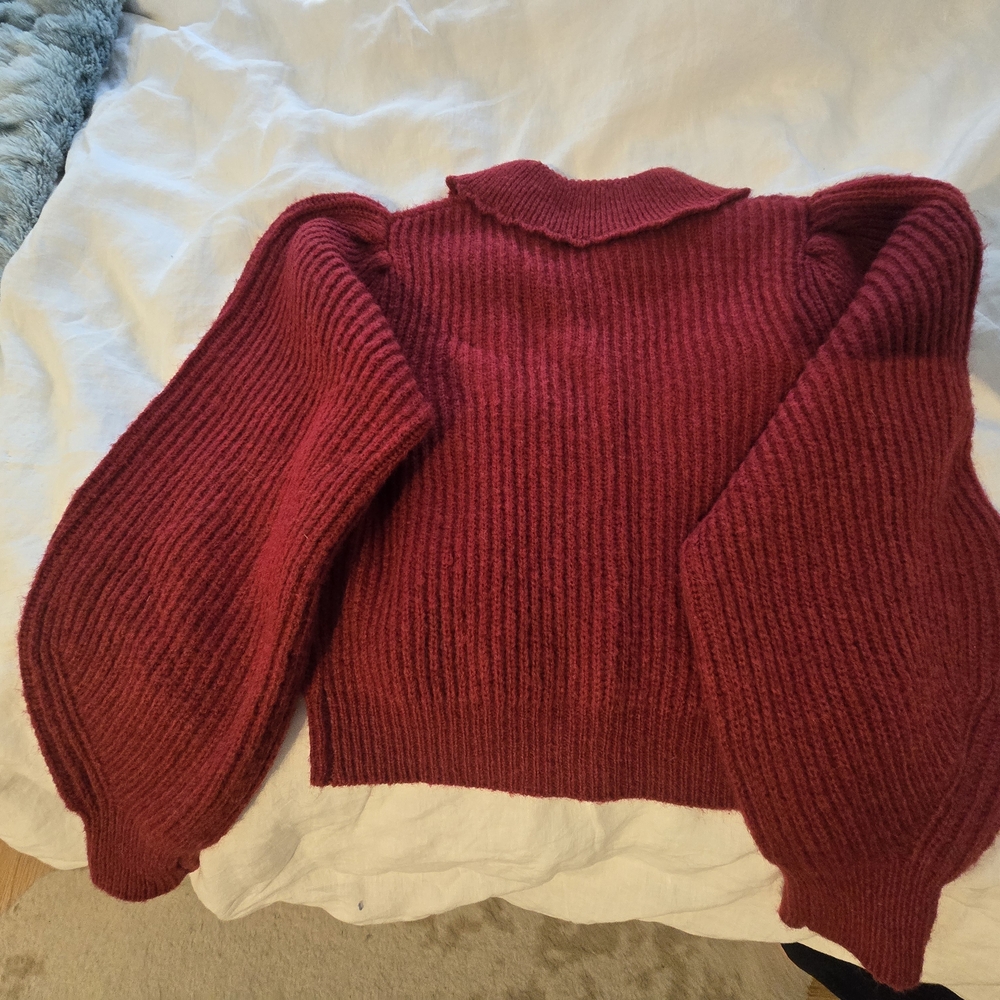 NWT Wool Blend Burgundy Cardigan with Scalloped Collar and Puffed Sleeves - Picture 2 of 3
